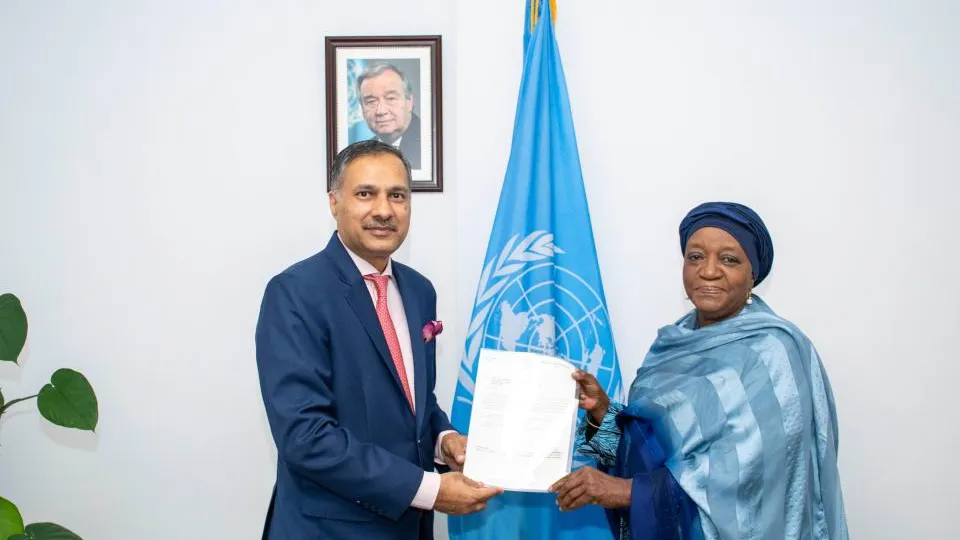 H.E Dr. Adarsh Swaika, the new Permanent Representative of the Republic of India to the United Nations Office at Nairobi, the United Nations Environment Programme (UNEP), and the United Nations Human Settlements Programme (UN-Habitat), presented his credentials to Madam Zainab Hawa Bangura, Director-General of the United Nations Office at Nairobi (UNON).